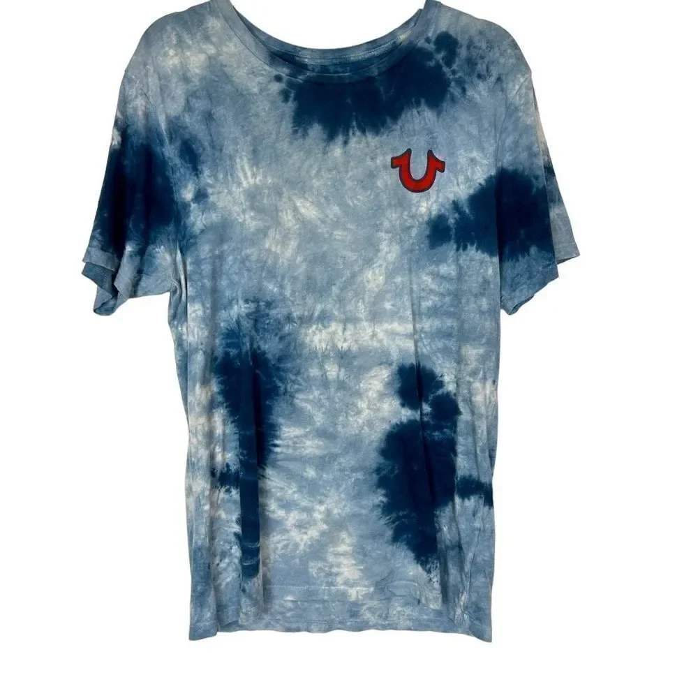 True Religion Men’s Ocean Waves Blue Tie Dye Buddha Tee Shirt Horseshoe Small